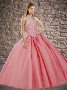 Halter Top Sleeveless Sweep Train Lace Up Sweet 16 Dress Watermelon Red Tulle
