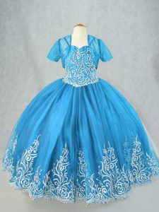 Baby Blue Lace Up Spaghetti Straps Beading and Embroidery Pageant Dress Toddler Tulle Sleeveless