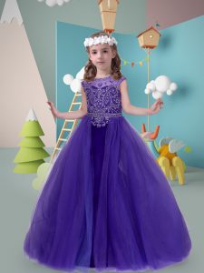 Enchanting Purple Tulle Zipper Kids Pageant Dress Sleeveless Sweep Train Beading