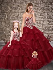 Wine Red Quinceanera Gowns Tulle Brush Train Sleeveless Embroidery and Ruffled Layers