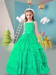 Halter Top Sleeveless Zipper Child Pageant Dress Turquoise Lace