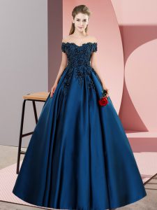 Glamorous Navy Blue Zipper Off The Shoulder Lace Quinceanera Gown Satin Sleeveless