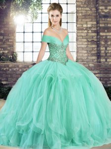 Clearance Apple Green Lace Up Off The Shoulder Beading and Ruffles Quinceanera Dress Tulle Sleeveless