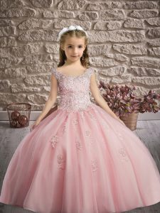 Tulle V-neck Sleeveless Lace Up Appliques Girls Pageant Dresses in Pink