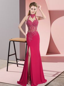 Best Hot Pink Backless Halter Top Beading Prom Dress Chiffon Sleeveless