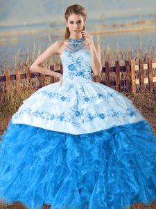 Court Train Ball Gowns Quinceanera Dress Baby Blue Halter Top Organza Sleeveless Lace Up