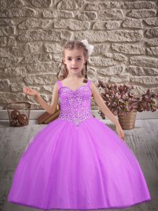 Lilac Pageant Gowns For Girls Wedding Party with Beading Straps Sleeveless Brush Train Lace Up
