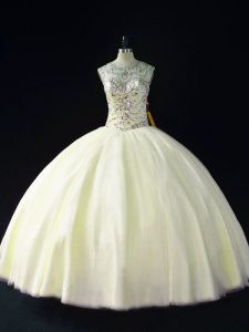 Sleeveless Floor Length Beading Lace Up Sweet 16 Dress with Light Yellow