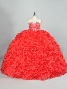 Red Ball Gowns Organza Sweetheart Sleeveless Beading and Ruffles Lace Up Ball Gown Prom Dress Brush Train