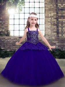Purple Lace Up Little Girls Pageant Dress Beading Sleeveless Floor Length