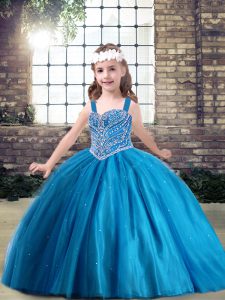 Blue Lace Up Little Girls Pageant Dress Wholesale Beading Sleeveless Floor Length