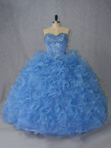 Blue Ball Gowns Organza Sweetheart Sleeveless Beading and Ruffles Lace Up Quinceanera Gown Brush Train