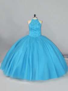 Aqua Blue Halter Top Lace Up Beading and Lace Sweet 16 Quinceanera Dress Brush Train Sleeveless