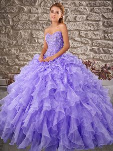 Custom Design Sleeveless Brush Train Beading and Ruffles Lace Up Quinceanera Gown