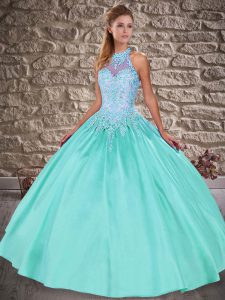 Hot Selling Apple Green Ball Gowns Satin Halter Top Sleeveless Embroidery Lace Up Sweet 16 Dress Brush Train