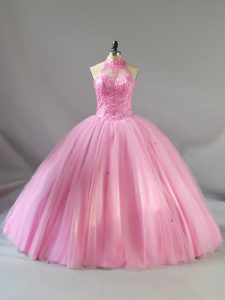 Halter Top Sleeveless Quince Ball Gowns Floor Length Beading Baby Pink Tulle
