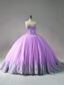 Flirting Lilac Tulle Lace Up 15th Birthday Dress Sleeveless Court Train Appliques