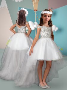 Off The Shoulder Sleeveless Little Girls Pageant Dress Wholesale High Low Beading White Tulle