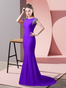Comfortable Beading Party Dresses Lavender Backless Short Sleeves Brush Train