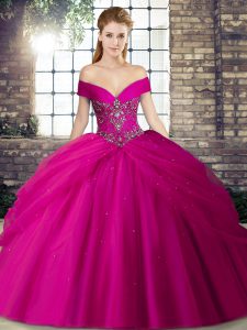 Top Selling Fuchsia Tulle Lace Up Off The Shoulder Sleeveless Quince Ball Gowns Brush Train Beading and Pick Ups