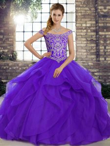 Off The Shoulder Sleeveless Brush Train Lace Up 15 Quinceanera Dress Purple Tulle