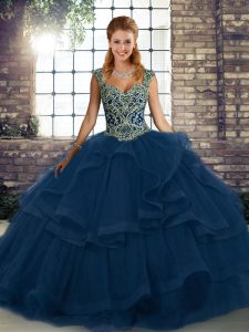 Romantic Blue Quinceanera Gown Military Ball and Sweet 16 and Quinceanera with Beading and Ruffles Straps Sleeveless Lac