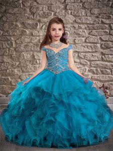 Blue Ball Gowns Beading and Ruffles Little Girls Pageant Dress Lace Up Tulle Cap Sleeves