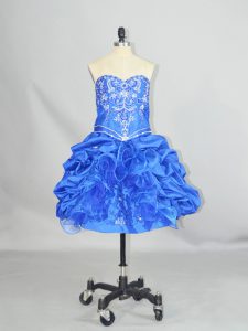 Blue Lace Up Prom Dresses Beading and Ruffles and Pick Ups Sleeveless Mini Length