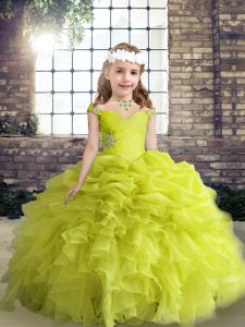 High End Yellow Green Sleeveless Floor Length Beading and Ruffles and Pick Ups Lace Up Pageant Gowns For Girls