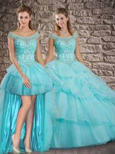 Aqua Blue Three Pieces Off The Shoulder Cap Sleeves Organza Brush Train Lace Up Beading and Pick Ups Ball Gown Prom Dres