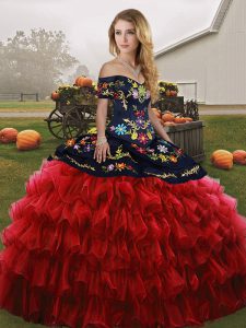 Edgy Red And Black Off The Shoulder Lace Up Embroidery and Ruffled Layers 15 Quinceanera Dress Sleeveless