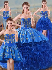 New Style Sweetheart Sleeveless Lace Up Quinceanera Gowns Royal Blue Fabric With Rolling Flowers