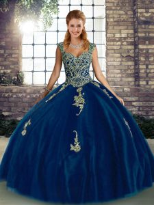 Gorgeous Sleeveless Floor Length Beading and Appliques Lace Up Sweet 16 Dresses with Royal Blue