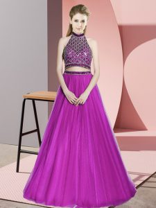 Fitting Fuchsia Prom Party Dress Prom and Party with Beading Halter Top Sleeveless
