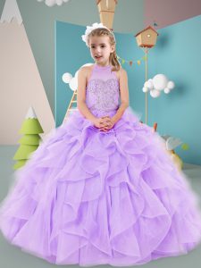 Lavender Child Pageant Dress Wedding Party with Beading and Ruffles Halter Top Sleeveless Zipper