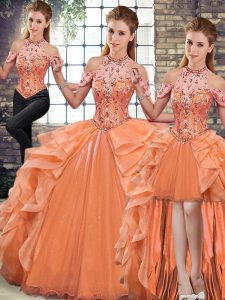 Artistic Orange Lace Up Halter Top Beading and Ruffles Quinceanera Dress Organza Sleeveless