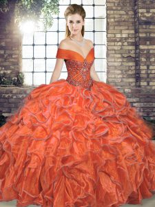 Floor Length Lace Up 15 Quinceanera Dress Orange Red for Military Ball and Sweet 16 and Quinceanera with Beading and Ruf
