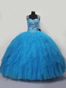 Best Blue Sleeveless Beading and Ruffles Floor Length Sweet 16 Dress
