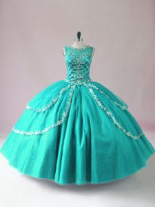 Scoop Sleeveless Zipper Ball Gown Prom Dress Turquoise Tulle