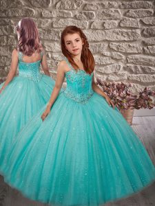 Charming Aqua Blue Little Girls Pageant Dress Wholesale Wedding Party with Beading Straps Sleeveless Lace Up