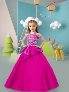 Elegant Sleeveless Tulle Floor Length Zipper Little Girls Pageant Dress Wholesale in Fuchsia with Beading
