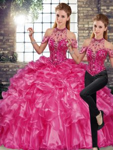 Glorious Fuchsia Two Pieces Beading and Ruffles Quinceanera Gowns Lace Up Organza Sleeveless Floor Length