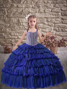 Floor Length Royal Blue Glitz Pageant Dress Straps Sleeveless Lace Up