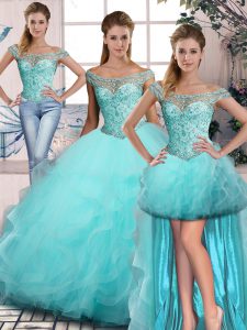 Excellent Aqua Blue Sleeveless Beading and Ruffles Lace Up 15 Quinceanera Dress
