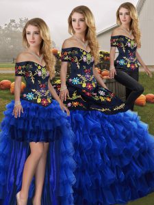 Embroidery and Ruffled Layers Quinceanera Gown Blue And Black Lace Up Sleeveless Floor Length