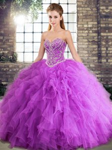 Lavender Ball Gowns Sweetheart Sleeveless Tulle Floor Length Lace Up Beading and Ruffles Quinceanera Gowns