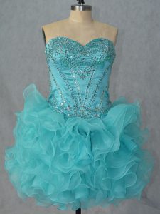 Pretty Aqua Blue Sleeveless Organza Lace Up Prom Dresses for Prom and Party