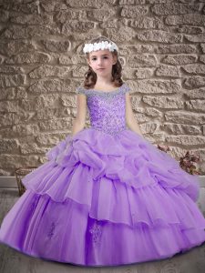 Perfect Cap Sleeves Beading and Pick Ups Lace Up Pageant Gowns with Lavender Sweep Train