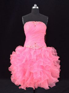 Nice Rose Pink Sleeveless Beading and Ruching Prom Evening Gown