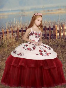 Fantastic Straps Sleeveless Tulle Pageant Gowns For Girls Embroidery Lace Up